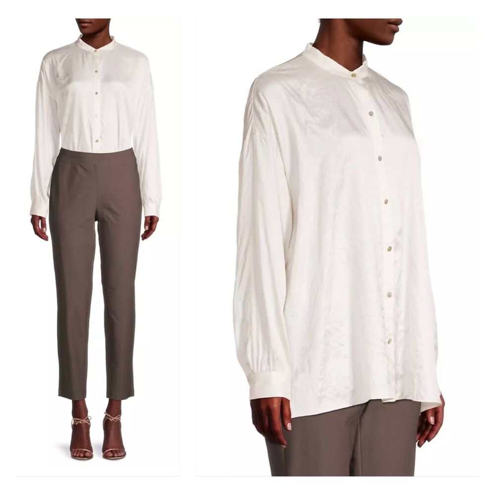 NWT EILEEN FISHER 100% Silk Shimmer Bone Boxy Tunic Button Front Shirt, Sz XL